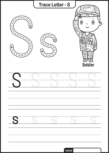 Alphabet Trace Letter A to Z preschool worksheet with the Letter S Soldier Pro Vector