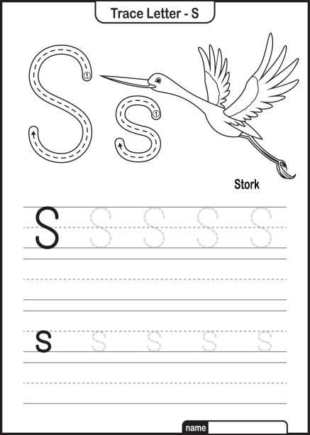 Alphabet Trace Letter A to Z preschool worksheet with the Letter S Stork Pro Vector