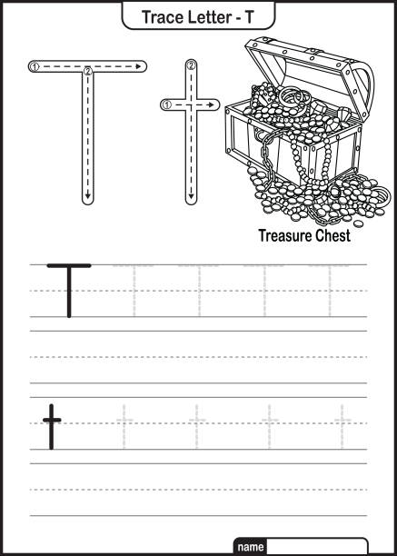 ilustrações de stock, clip art, desenhos animados e ícones de alphabet trace letter a to z preschool worksheet with the letter t  treasure chest pro vector - diamond alphabet letter t text