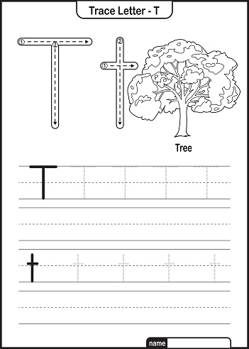 Alphabet Trace Letter A to Z preschool worksheet with the Letter T Tree Pro Vector