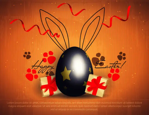 Vector illustration of Painted Easter egg with rabbit ears and gifts on a colored cardboard background with space for text. Creative illustration in realistic style.