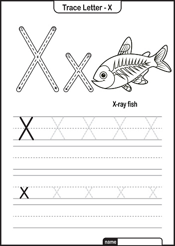 Alphabet Trace Letter A to Z preschool worksheet with the Letter X X-ray fish Pro Vector