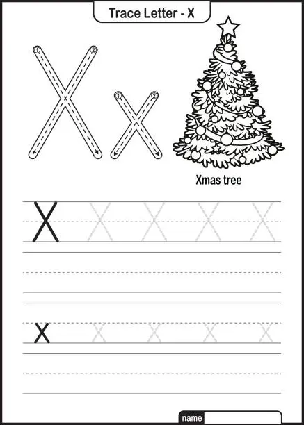 Vector illustration of Alphabet Trace Letter A to Z preschool worksheet with the Letter X Xmas tree Pro Vector
