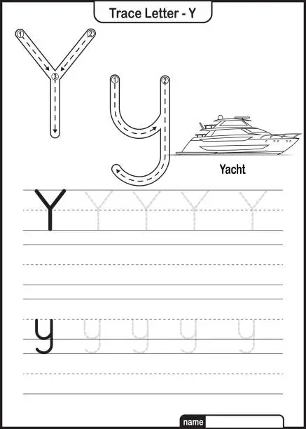 Vector illustration of Alphabet Trace Letter A to Z preschool worksheet with the Letter Y Yacht Pro Vector