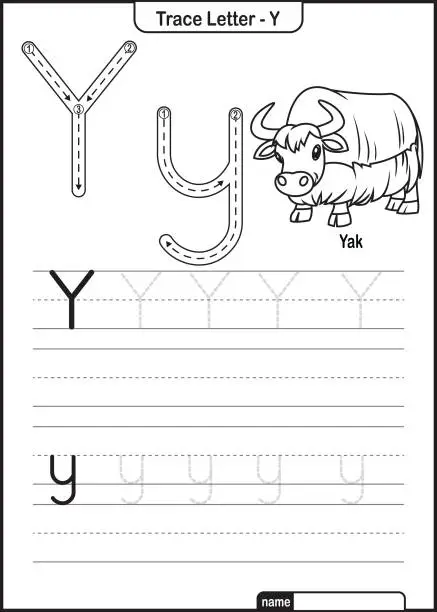 Vector illustration of Alphabet Trace Letter A to Z preschool worksheet with the Letter Y Yak Pro Vector