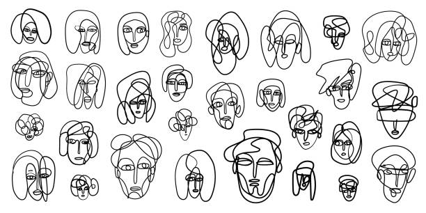 drawing of faces , Continuous line - vector design element set Human Face, Line art,People,illustration,Sketch clip art of a old man crying stock illustrations