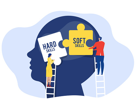 business woman and man holding two pieces between Hard VS Soft Skills Concept on big head human Idea Development ,Multiple Intelligences Vector Illustration