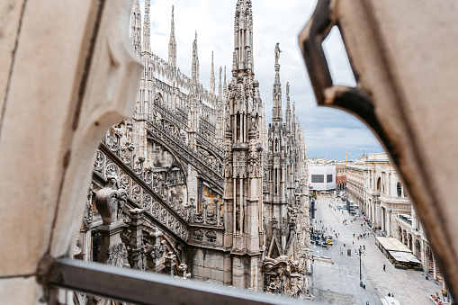 View of the cityscape from the cathedral in Milan, Italy. Duomo di Milano.