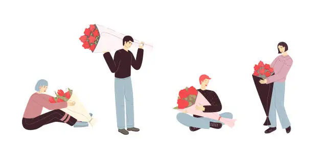 Vector illustration of girl woman man boy holds a big bouquet