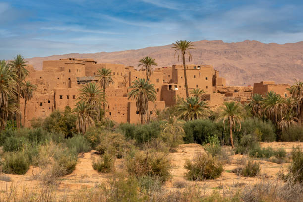 old traditional village in morocco, berber country, near the chebbi desert - journey camel travel desert imagens e fotografias de stock