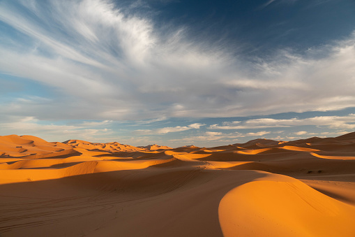 Colourful landscape in the Chebbi Desert, Morocco, during sunset