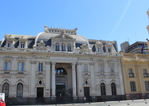 Montpellier, France - October 27, 2021: View of the Gaumont cinema and local architecture in the Place de la Comédie, Montpellier, France.