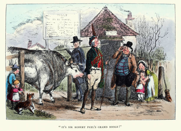 Vintage illustration Farmer taking his prize bull to market, passing through a toll booth, Victorian 1840s style 19th Century. It's Sir Robert Peel's Grand Boole !  Hillingdon Hall or the Cockney Squire by Surtees Robert Smith