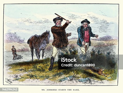 istock Men hare coursing with hounds, Hunting Blood Sports, Victorian 1840s style 19th Century 1462194242