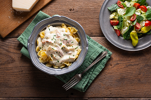 Homemade Alfredo Sauce over Bow Tie (Farfalle) Pasta with Chicken