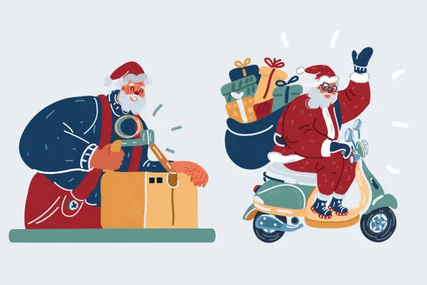 Vector illustration of Vector illustration of Santa Claus packs a box riding a motor scooter, with a sack full of colorful boxed gifts. Delivery Service man in Holiday clothes. Christmas Shopping and Winter Holiday.