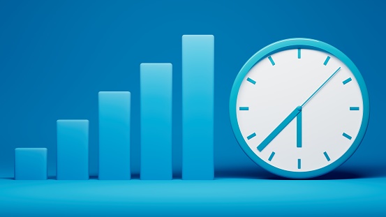 rising bars and an analog clock representing time and productivity on a blue stage, 3d illustration