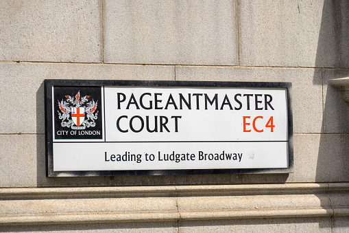 LONDON - May 21, 2022: Pageantmaster Court EC4 street sign on side of building