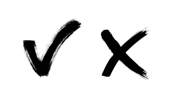 Brush painted yes and no checkmarks. Black and white check and cross signs. Drawn vote approve and reject icons. X and V emblems. Brush painted yes and no checkmarks. Black and white check and cross signs. Drawn vote approve and reject icons. X and V emblems cross off stock illustrations