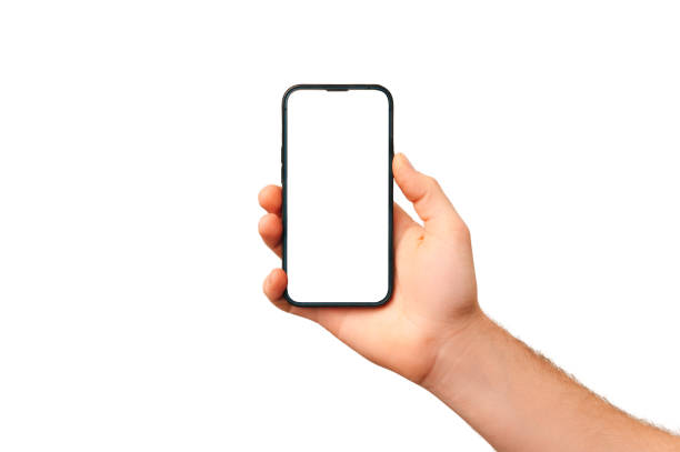 istock Studio shot of a male hand holding phone with blank copy space white screen. 1462204112