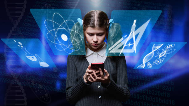 istock Preteen girl student using smartphone, on glowing education background 1462204443
