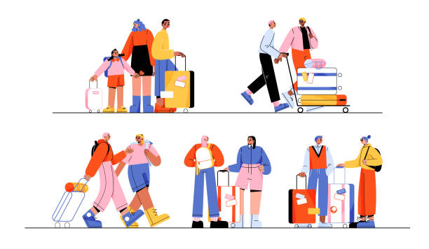 People travel with suitcases and backpacks People travel with suitcases and backpacks. Couples, friends and family with kid standing with luggage. Diverse characters go in journey, vector cartoon illustration people walking png stock illustrations