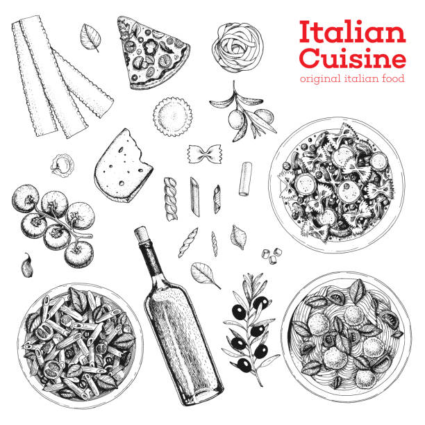 Italian cuisine sketch. A set of Italian dishes with pasta and meatballs, pizza, ravioli and ingredients. Food menu design template. Vintage hand drawn sketch vector illustration. Engraved image. Italian cuisine sketch. A set of Italian dishes with pasta and meatballs, pizza, ravioli and ingredients. Food menu design template. Vintage hand drawn sketch vector illustration. Engraved image penne meatballs stock illustrations