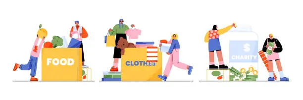 Vector illustration of People donating food, clothes and money