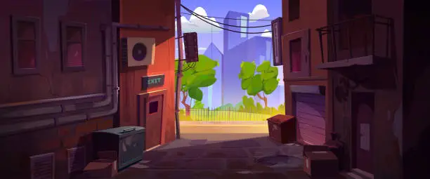 Vector illustration of Empty back alley and city street at summer day