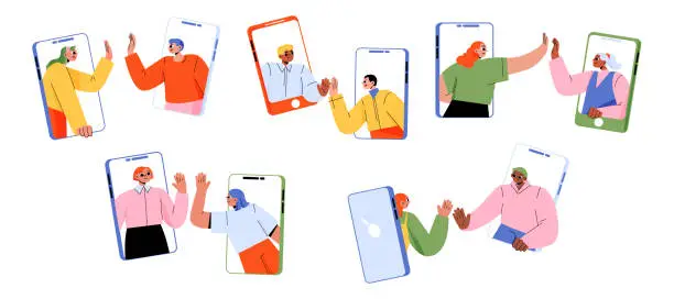 Vector illustration of People on phones give high five, video call