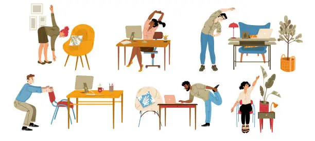 Vector illustration of Office employees exercise at work, stretch at desk