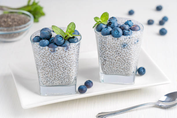 istock Chia seed pudding made with plant milk decorated with berries and mint leaf served on plate on white wooden table with spoon 1462209343