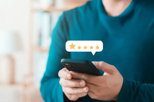 Photo of Customer Satisfaction Survey concept, 5-star satisfaction, service experience rating online application, customer evaluation product service quality, satisfaction feedback review, good quality most.