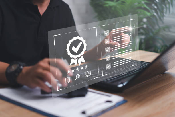 istock Customer Satisfaction Guarantee concept on virtual screens, Employees check the conditions of quality assurance of car service and part with digital document on laptop modern work car service 1462211213