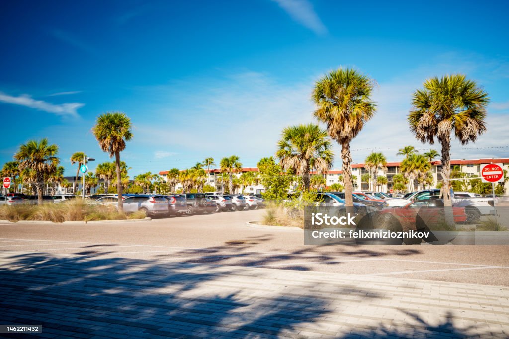 Long exposure photo of Siesta Key Beach scene with motion blur in trees Blue Stock Photo
