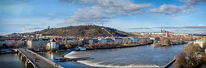 Panoramic View of Prague looking at the Jirasek Bridge and Smichov Sector where there are many bars and restaurants, also art halls, theaters and public parks for festivals