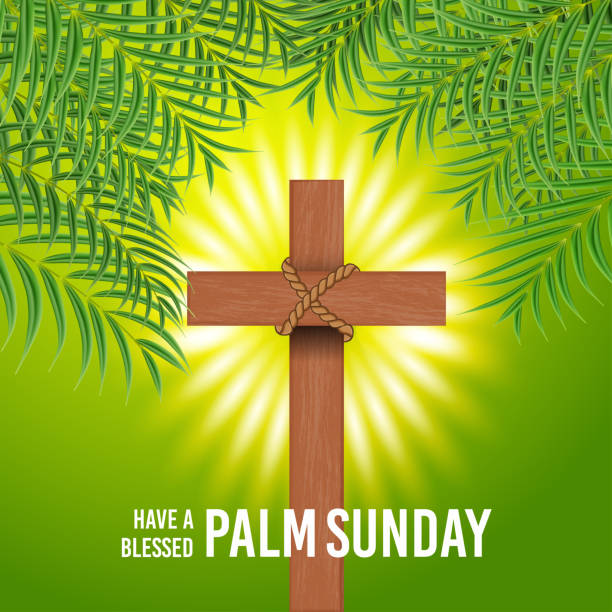 istock Vector illustration of Christian Palm Sunday with palm branches and leaves and cross illustration 1462212331