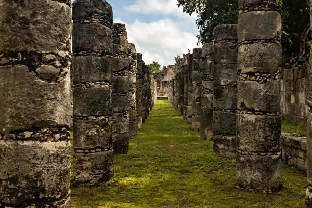 Pillars  Chichenitza ruins ancient pre-colombian city in Yucatan, Mexico