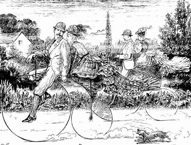 Penny farthing bicycist with his wife sitting behind Illustration from 19th century. penny farthing bicycle stock illustrations