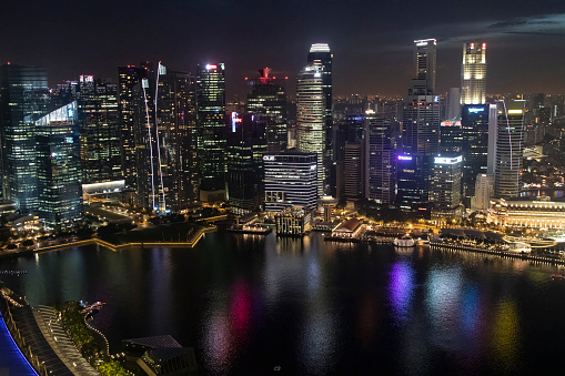 Singapore, Singapore. September 12th, 2016. Aerial night view of the Singapore financial district at Marina Bay