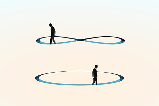 Man moves along an infinity symbol, businessman walks round in circles, metaphor of unsolvable problems, endless searches or being looped in routine, abstract depiction of business issues