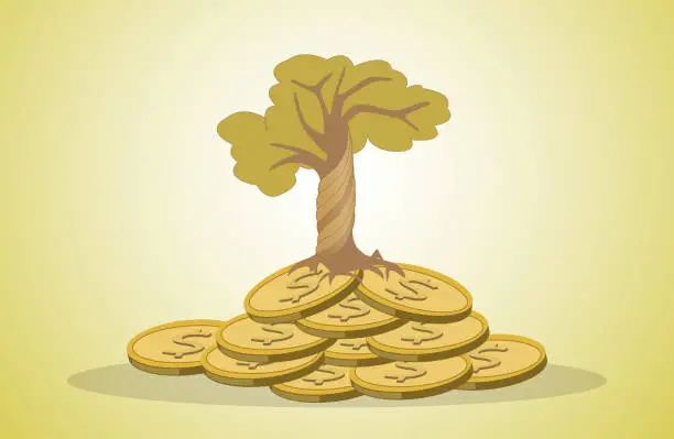 Vector illustration of Growth concept. Large money tree on mountain of coins.