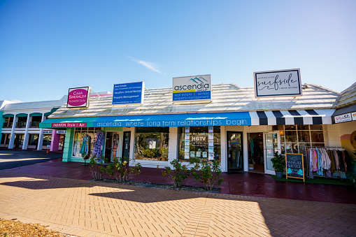 Siesta Key, FL, USA - January 30, 2023: Photo of tourist shops on Siesta Key beach