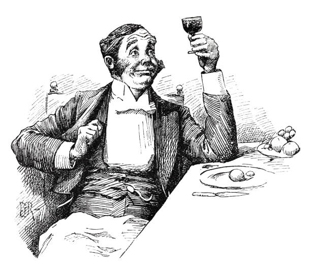 ilustraciones, imágenes clip art, dibujos animados e iconos de stock de anciano mirando con nostalgia una copa de vino que sostiene en la mano - anticuario anticuado