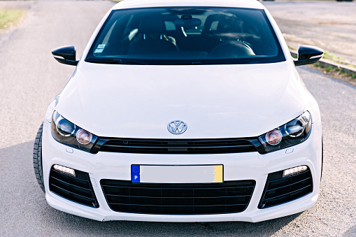 Lisbon, Portugal - January 27, 2019 stylish white hatchback volkswagen. close up