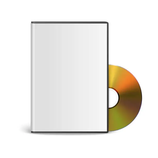 Vector illustration of Vector 3d Realistic Golden CD, DVD with Plastic Cover, Envelope, Case Isolated. CD Box, Packaging Design Template for Mockup. Compact Disk Icon, Front View