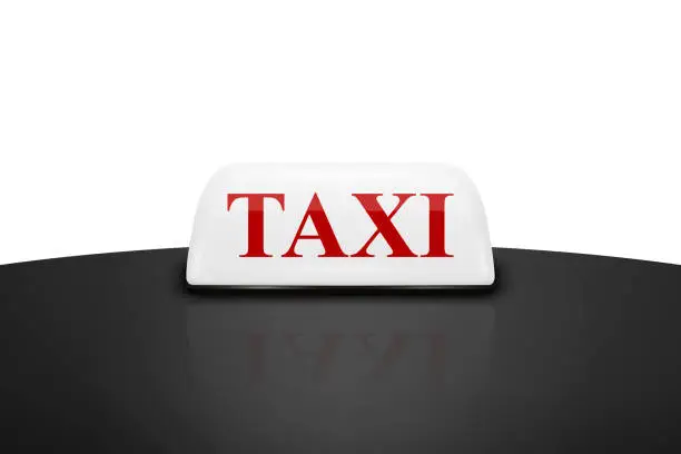 Vector illustration of Vector 3d Realistic White and Red Taxi Car Roof Sign Icon Closeup on the Black Roof of a Car Isolated. French Taxi Sign, Design Template for Taxi Service, Mockup. Front View