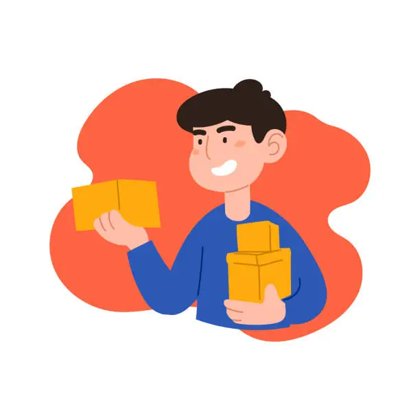 Vector illustration of Man carries a box in his hands. Young guy in a blue tshirt works as a loader, delivers parcels, post, delivery, purchase, order, package. Flat style. Boy in a blue tshirt on a white background