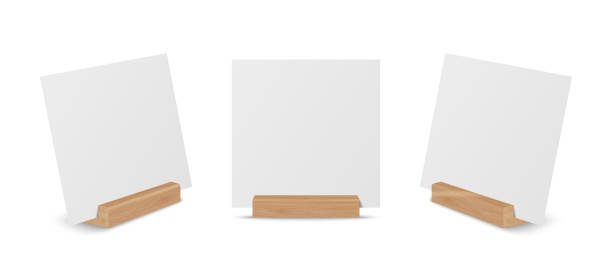 istock Vector Realistic White Blank Square Paper Sheet, Card on Wooden Holder, Stand Set Closeup Isolated on White Background. Design Template for Mockup, Menu Frame, Booklets. Acrylic Tent Card 1462224975