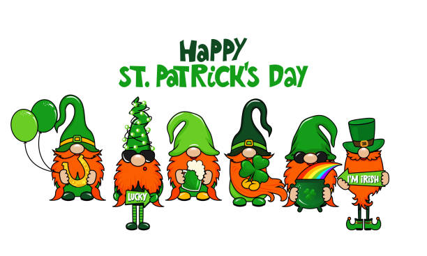 Art & Illustration Happy saint Patrick's Day gnomes with green beer. Nordic magic dwarf. Cute holidays Elf with lucky charms. Vector illustration for Parick's Day. Irish Leprechaun set. st patricks stock illustrations